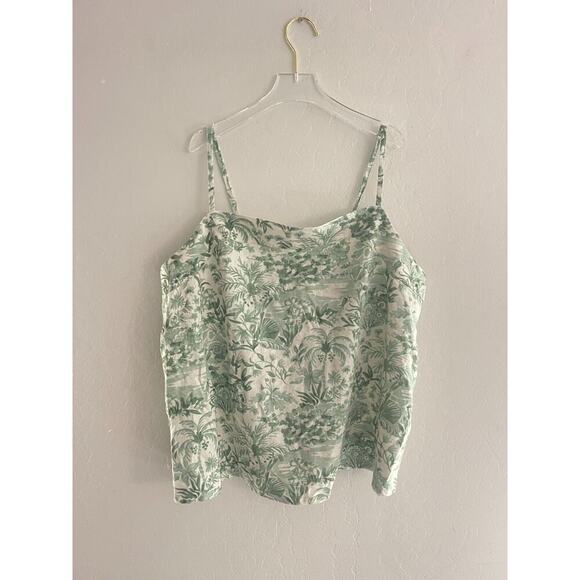 State of Day XL Tank Top Linen Blend Sage Green & Cream Floral Palm Beach Boho - Picture 2 of 6